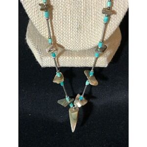 Native Southwest Beaded Sterling Turquoise Shell Unusual Pendant Necklace